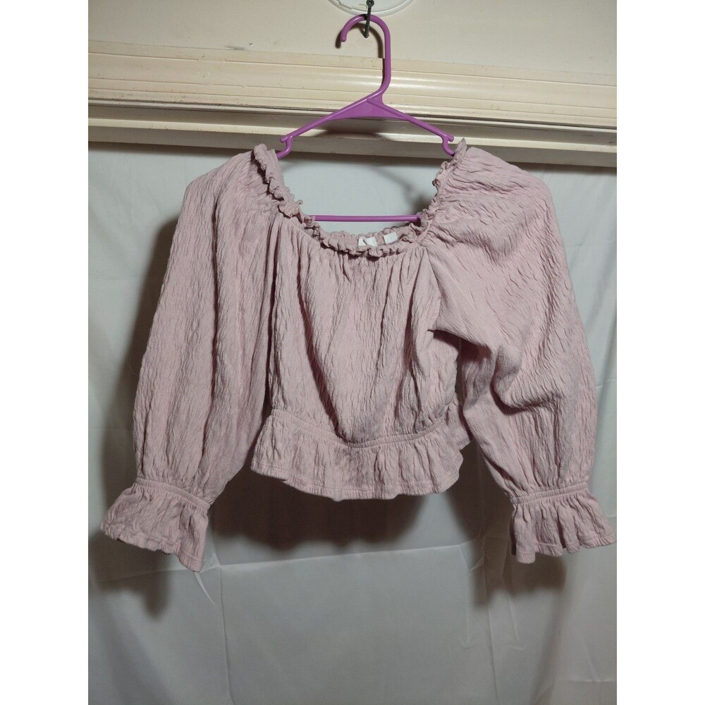 Gap Kids Girls M 8 10 Pink Smocked Crop Top Long Sleeve Off Shoulder Crinkle